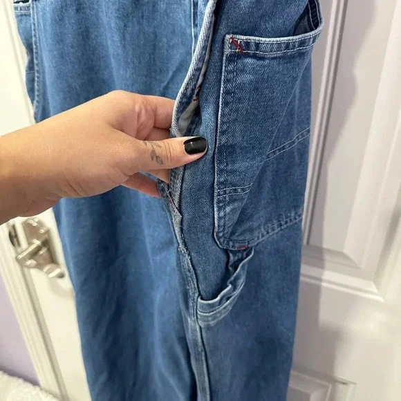 Vintage Dickies Mens 44x30 Spell Out Box Logo Denim Jean Overalls Bibs Blue - Picture 2 of 4